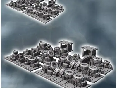 Set of tire barricades with crates and two sheltered shacks 1 -  3D print model