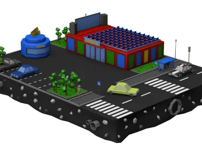 Cinema Low Poly city with buildings and cars Low-poly 3D model