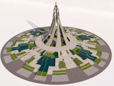 Futuristic Monumental Roundabout with Water and Planters Low-poly 3D model