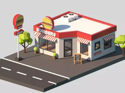 Cartoon Low Poly Fast Food Restaurant Building Low-poly 3D model