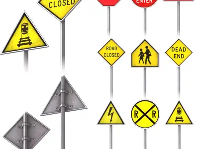  Set of road signs Free low-poly 3D model