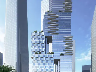 Modern Riverfront Cityscape with Mixed-Use Glass Skyscraper 3D model