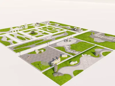 Zen Garden Landscape Design with Pavilion and Fountain Low-poly 3D model