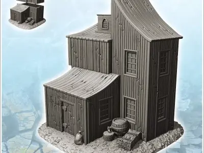 Wooden building with multiple curved roofs and exterior accessor 3D print model