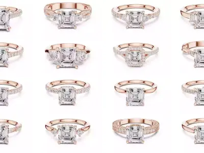 112 Asscher Diamond Rings 3DM STL OBJ FBX 3 Color Render Video 3D Model Pack
