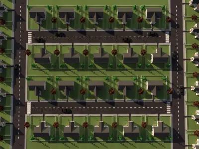 3D Neighborhood Model residential street with houses and fences 3D model