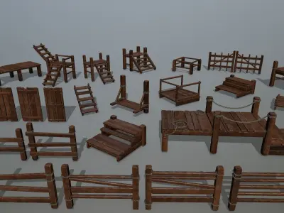 Wood and Rope set Low-poly 3D model