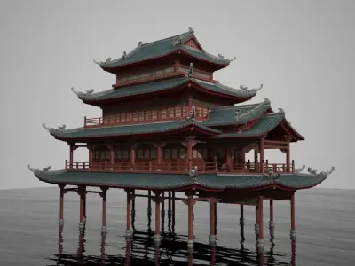 Multi story wooden structure house Low-poly 3D model