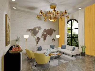 Livingroom living room with furniture and world map 3D model