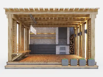 Wooden gazebo with oven 3D model