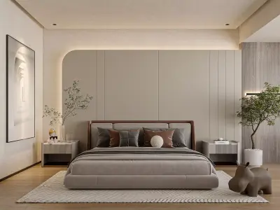 Warm Minimal Master Suite - Upholstered Bed 3D model