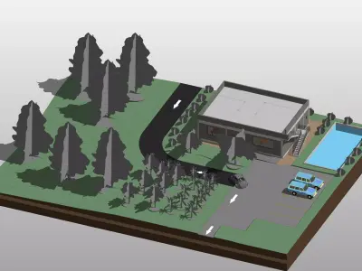 Resort house with swimming pool and parking and garden in Revit 3D model