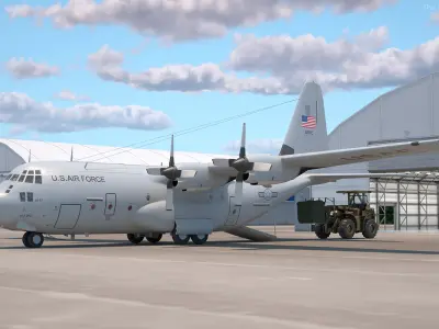 Forklift Loads Cargo to the Lockheed C 130 Hercules 