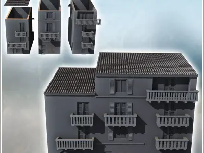 Modern single-sloped roof building with three balconied floors 1 3D print model