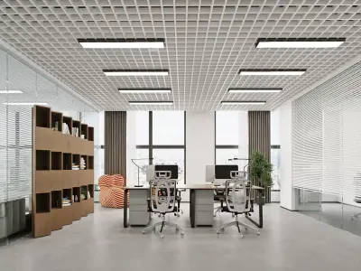 Modern Open-Plan Office Workspace with Glass Partitions 3D model