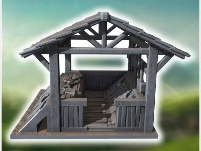 Open wooden market stall with a slanted roof display shelves and 3D print model