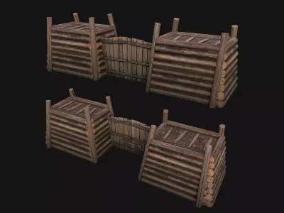 Medieval Fortress Gate with  Wooden Wall Low-poly 3D model