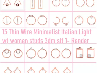 15 Thin Wire Minimalist Italian Light wt women studs 3dm stl  3D Model Pack