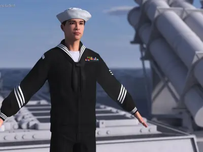  Asian Sailor US Navy in Black Uniform A-Pose 