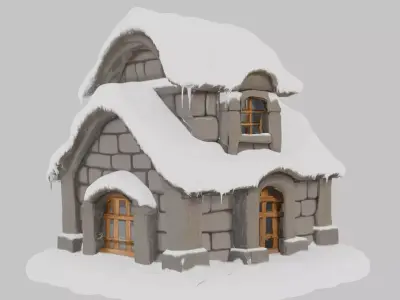 Snowy Stone Cabin Low-poly 3D model