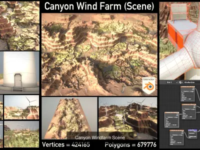 Windturbines H114m - H119m - H138m - H250m Canyon and Valley 3D Model Pack
