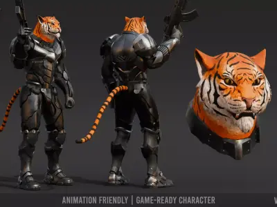 Armored Feline Soldier Low-poly 3D model