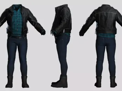 Male Leather Jacket and Plaid Shirt Outfit Low-poly 3D model