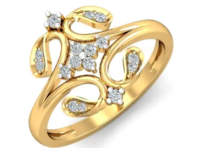 Gold Flower Shaped Ring with Diamonds 3D print model