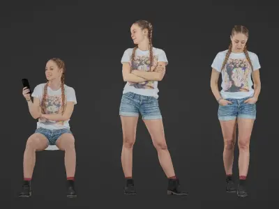 Set of young stylish woman sit walk and stand - posed 3d scan 3D model