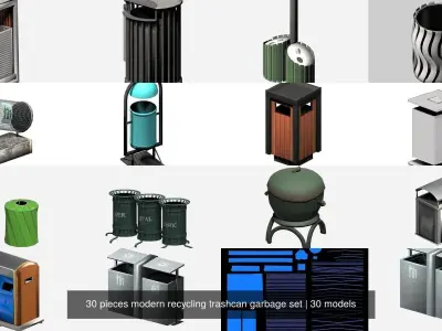 30 pieces modern recycling trashcan garbage set 3D Model Pack