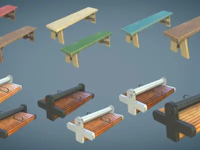 Bus Stop and Benches Low-poly 3D model