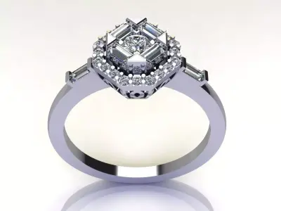 Art Deco Halo Diamond Ring with Baguette Cut 3D print model