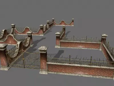 wall set brick with iron railings Low-poly 3D model