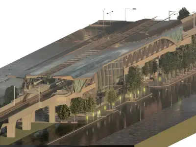 Modern metro station with trains 3D model