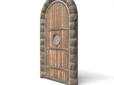 Medieval Wooden Door With Round Window Low-poly 3D model