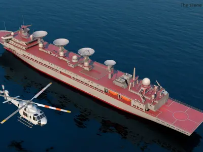  Satellite Tracking Ship with Parabolic Dishes Red In Water Simplified 