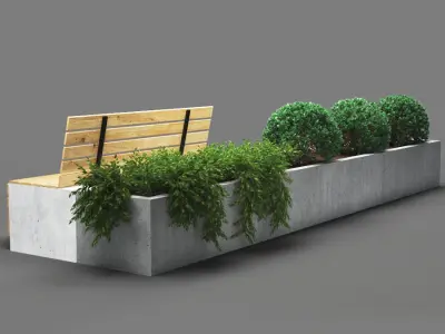 bench202 concrete planter with bench and plants 3D model