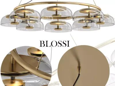 BLOSSI circular glass chandelier in brass and clear glass 3D model