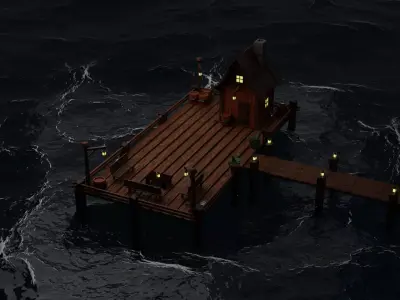 A Solitary Pier in the Stormy Sea Low-poly 3D model