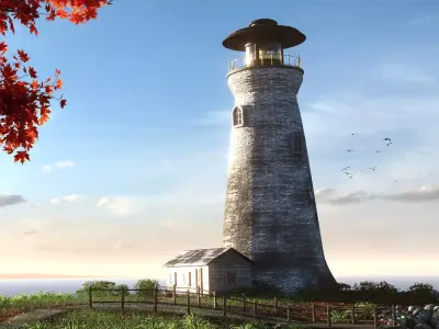 Lighthouse and Cabin Antiquated Style with PBR Materials 3D model