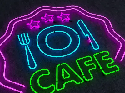 Cafe And Food Neon Sign Low-poly 3D model