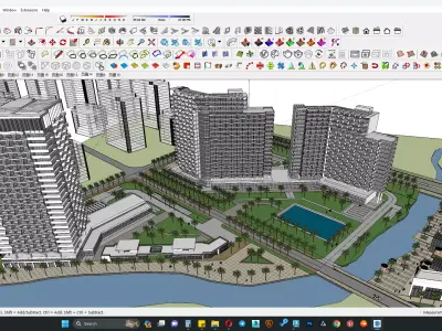 Highrise apartment building along outdoor sitting area 3D model