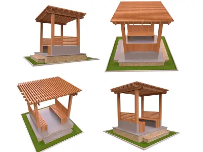 Pergola Collection 1 wooden bench on grassy area Low-poly 3D model
