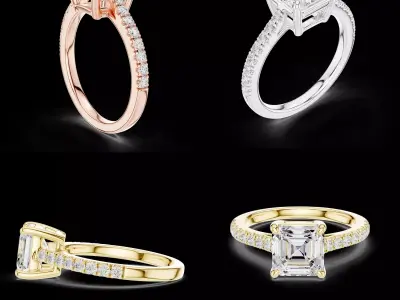 Asscher Cut Pave Solitaire Ring 3D STL 3D print model