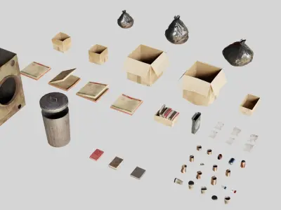 Garbage set trash cans and books on table Low-poly 3D model