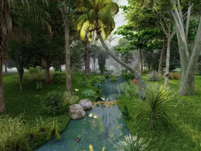 Forest jungle with bridge and trees Low-poly 3D model