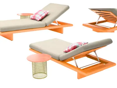 Adjustable Wooden Sun Lounger with Cushion 3D model