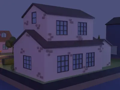 Neighborhood house and street at night Low-poly 3D model