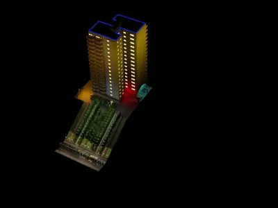 Towers tall building with lights Low-poly 3D model