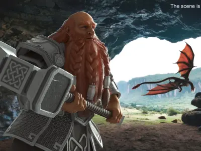  Dwarf Fighter in Chainmail with Hammer Rigged 